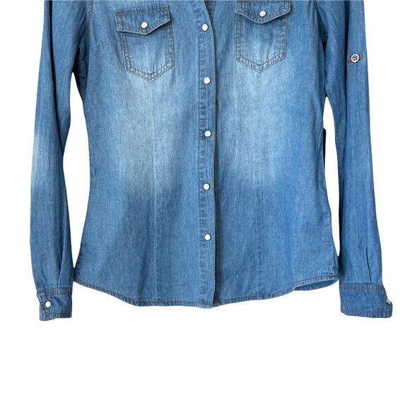 Ci Sono Womens Blue Dark Wash Long Sleeve Collared  Denim Button Up Shirt Size S - Picture 4 of 12